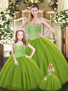 Olive Green Lace Up Quinceanera Dress Beading Sleeveless Floor Length