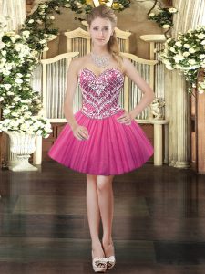 Ball Gowns Evening Dress Hot Pink Sweetheart Tulle Sleeveless Mini Length Lace Up