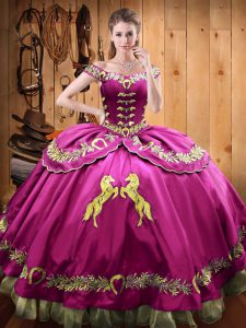 Off The Shoulder Sleeveless Sweet 16 Quinceanera Dress Floor Length Beading and Embroidery Fuchsia Satin and Organza