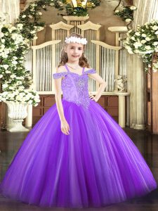 Sleeveless Tulle Floor Length Lace Up Pageant Dress in Lavender with Beading