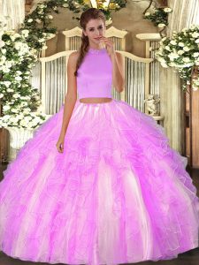 Ideal Lilac Backless Halter Top Beading and Ruffles 15th Birthday Dress Organza Sleeveless