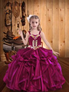 Fuchsia Ball Gowns Embroidery and Ruffles Little Girl Pageant Gowns Lace Up Organza Sleeveless Floor Length