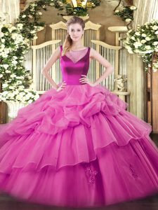 Lilac Ball Gowns Organza Scoop Sleeveless Beading and Appliques Floor Length Side Zipper Quinceanera Dresses