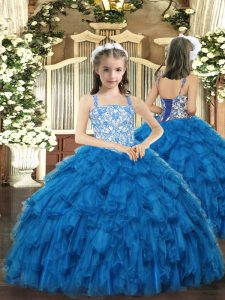 Wonderful Floor Length Blue Little Girls Pageant Gowns Straps Sleeveless Lace Up