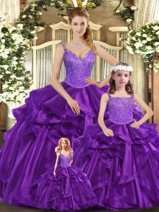 Purple Lace Up Straps Beading and Ruffles Quinceanera Gown Organza Sleeveless