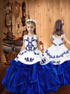 Beauteous Royal Blue Little Girl Pageant Gowns Sweet 16 and Quinceanera with Embroidery and Ruffles Straps Sleeveless La