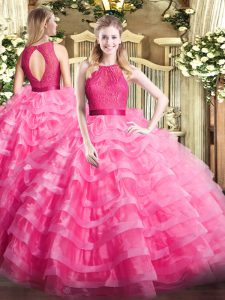 Sleeveless Organza Floor Length Zipper Ball Gown Prom Dress in Hot Pink with Ruffled Layers