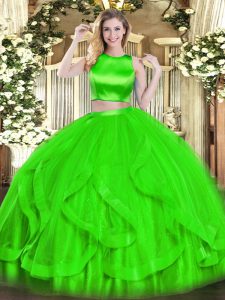 New Arrival High-neck Sleeveless Quinceanera Gowns Floor Length Ruffles Green Tulle
