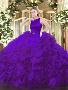Ball Gowns Quinceanera Dress Purple Scoop Fabric With Rolling Flowers Sleeveless Floor Length Clasp Handle