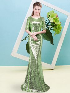 Floor Length Prom Gown Sequined Half Sleeves Sequins