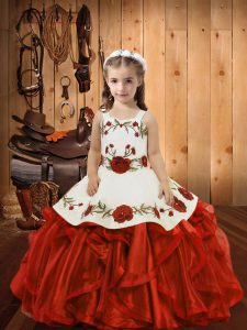 Fashionable Red Organza Lace Up Winning Pageant Gowns Sleeveless Floor Length Ruffles