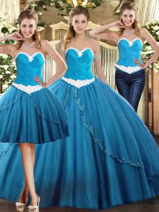 Customized Tulle Sweetheart Sleeveless Lace Up Beading Sweet 16 Dresses in Teal