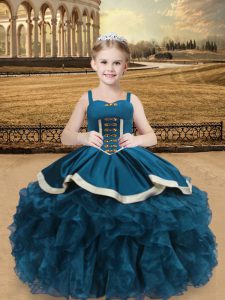 Elegant Sleeveless Organza and Taffeta Floor Length Lace Up Little Girl Pageant Dress in Teal with Beading and Ruffles