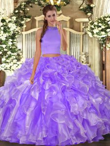 Stunning Lavender Organza Backless Halter Top Sleeveless Floor Length Ball Gown Prom Dress Beading and Ruffles