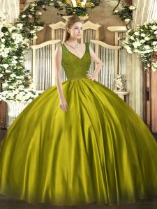 Top Selling Olive Green Satin Backless Quinceanera Gown Sleeveless Floor Length Beading and Lace
