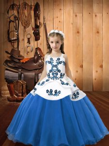 Sleeveless Organza Floor Length Lace Up Pageant Dress Womens in Blue with Embroidery