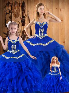 Glamorous Sleeveless Floor Length Embroidery and Ruffles Lace Up Sweet 16 Dress with Royal Blue