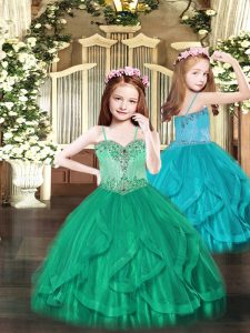 Turquoise Lace Up Child Pageant Dress Beading and Ruffles Sleeveless Floor Length