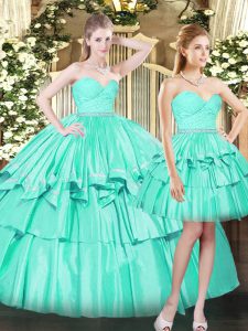 Ideal Aqua Blue Ball Gown Prom Dress Military Ball and Sweet 16 and Quinceanera with Ruching Sweetheart Sleeveless Lace 