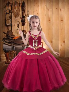 Floor Length Red Little Girls Pageant Gowns Straps Sleeveless Lace Up