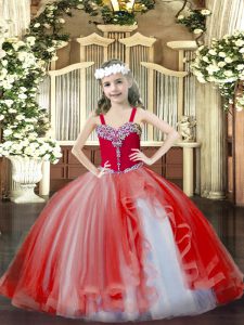 Latest Red Lace Up Straps Beading Little Girls Pageant Dress Wholesale Tulle Sleeveless