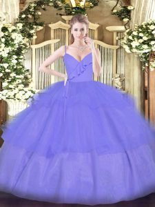 Lavender Spaghetti Straps Neckline Ruffled Layers Quince Ball Gowns Sleeveless Zipper
