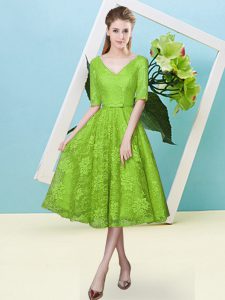 Sexy Lace Half Sleeves Tea Length Wedding Guest Dresses and Bowknot