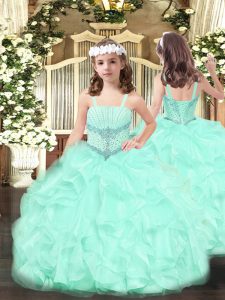 Floor Length Lace Up Evening Gowns Apple Green for Party and Quinceanera with Beading and Ruffles