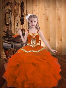Floor Length Orange Red Little Girl Pageant Dress Organza Sleeveless Embroidery and Ruffles