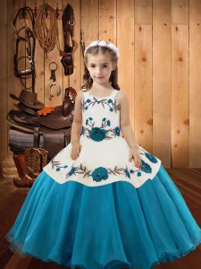Teal Straps Neckline Embroidery Pageant Gowns For Girls Sleeveless Lace Up