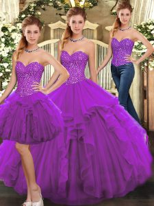 Fashionable Purple Three Pieces Organza Sweetheart Sleeveless Ruffles Floor Length Lace Up Sweet 16 Dresses
