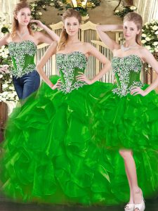Organza Sweetheart Sleeveless Lace Up Beading and Ruffles Ball Gown Prom Dress in Green