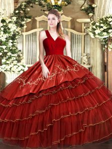 Custom Designed Wine Red Zipper V-neck Embroidery and Ruffled Layers Quinceanera Dresses Satin and Organza Sleeveless