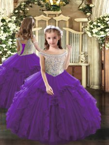 Custom Fit Off The Shoulder Sleeveless Little Girls Pageant Dress Floor Length Beading and Ruffles Purple Organza