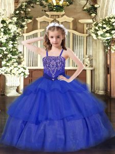 Trendy Floor Length Lace Up Little Girl Pageant Dress Royal Blue for Party and Quinceanera with Beading and Ruffled Laye