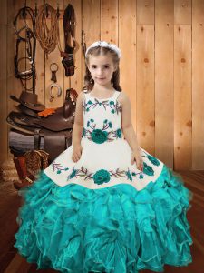 Top Selling Straps Sleeveless Lace Up Custom Made Pageant Dress Aqua Blue Organza