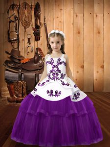 Eggplant Purple Ball Gowns Beading and Embroidery Little Girl Pageant Dress Lace Up Tulle Sleeveless Floor Length