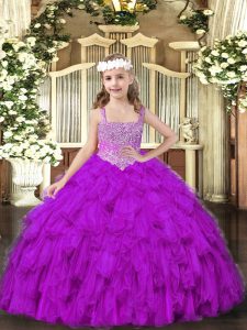 Purple Straps Neckline Beading and Ruffles Little Girl Pageant Gowns Sleeveless Lace Up