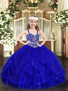 Royal Blue Tulle Lace Up Straps Sleeveless Floor Length Custom Made Pageant Dress Beading and Ruffles