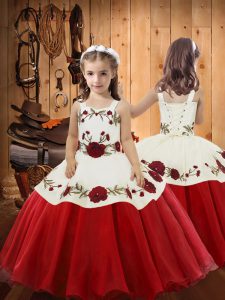 Hot Sale Floor Length Red Little Girls Pageant Dress Organza Sleeveless Embroidery