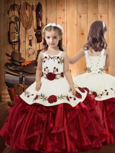 Wine Red Little Girl Pageant Gowns Sweet 16 and Quinceanera with Embroidery and Ruffles Straps Sleeveless Lace Up
