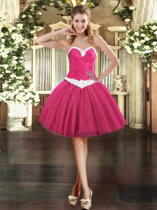 Suitable Fuchsia Sleeveless Mini Length Appliques Lace Up Prom Gown