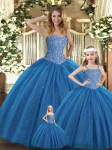 Teal Sweet 16 Dress Military Ball and Sweet 16 and Quinceanera with Beading Sweetheart Sleeveless Lace Up
