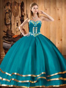 High Quality Teal Sweetheart Neckline Embroidery Quince Ball Gowns Sleeveless Lace Up