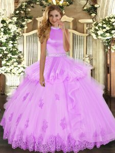 Halter Top Sleeveless 15 Quinceanera Dress Floor Length Beading and Ruffles Lilac Tulle