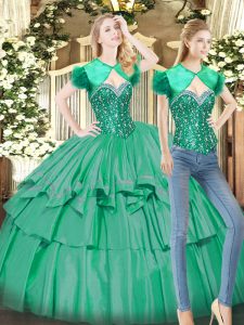 Trendy Sleeveless Tulle Floor Length Lace Up Quinceanera Gowns in Turquoise with Beading and Ruffled Layers