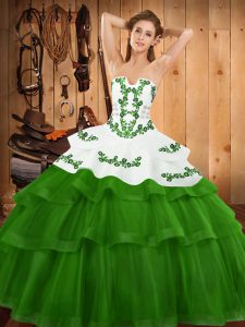 Comfortable Green Lace Up Ball Gown Prom Dress Embroidery and Ruffled Layers Sleeveless Sweep Train