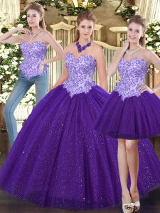 Dramatic Tulle Sleeveless Floor Length 15 Quinceanera Dress and Beading