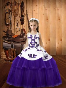 Fancy Purple Lace Up Straps Embroidery Little Girls Pageant Gowns Tulle Sleeveless