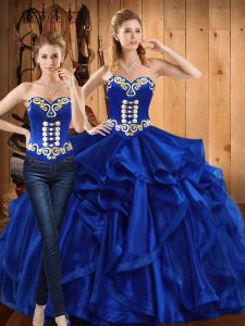 Floor Length Royal Blue 15 Quinceanera Dress Organza Sleeveless Embroidery and Ruffles